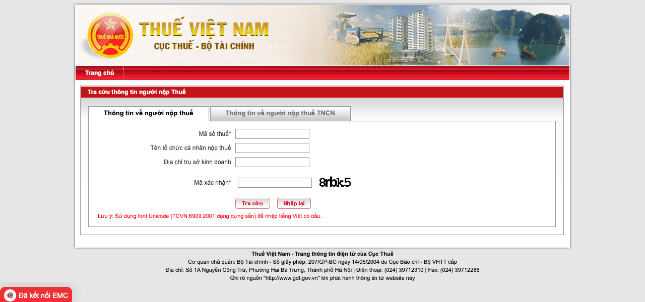 Form tra cứu mã số thuế trên cổng Tổng cục Thuế tracuunnt.gdt.gov.vn — 4 trường nhập MST, tên, địa chỉ, mã captcha