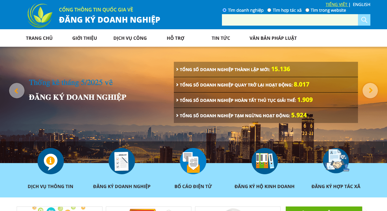Trang chủ Cổng đăng ký doanh nghiệp quốc gia dangkykinhdoanh.gov.vn — menu Đăng ký doanh nghiệp qua mạng điện tử