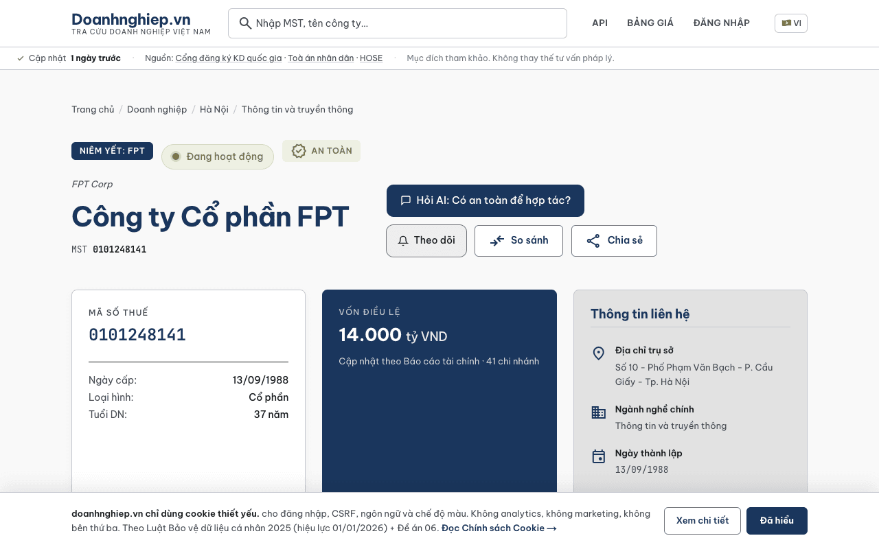 Trang hồ sơ Công ty TNHH FPT trên doanhnghiep.vn — hiển thị MST 10 chữ số và danh sách chi nhánh MST 13 chữ số