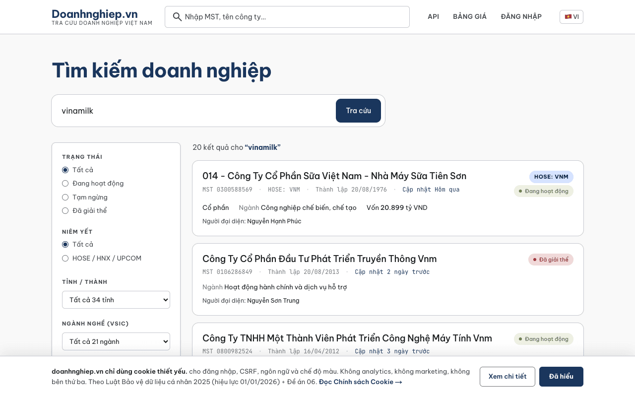 Kết quả tra cứu từ khoá vinamilk trên doanhnghiep.vn/tim-kiem — danh sách công ty cùng MST và trạng thái